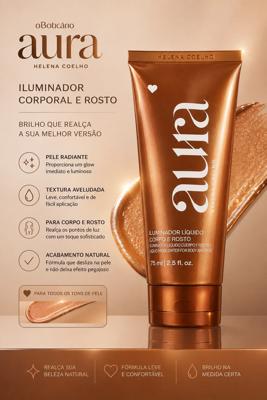 Iluminador Líquido Aura Helena Coelho Corpo e Rosto 75ml – O Boticário